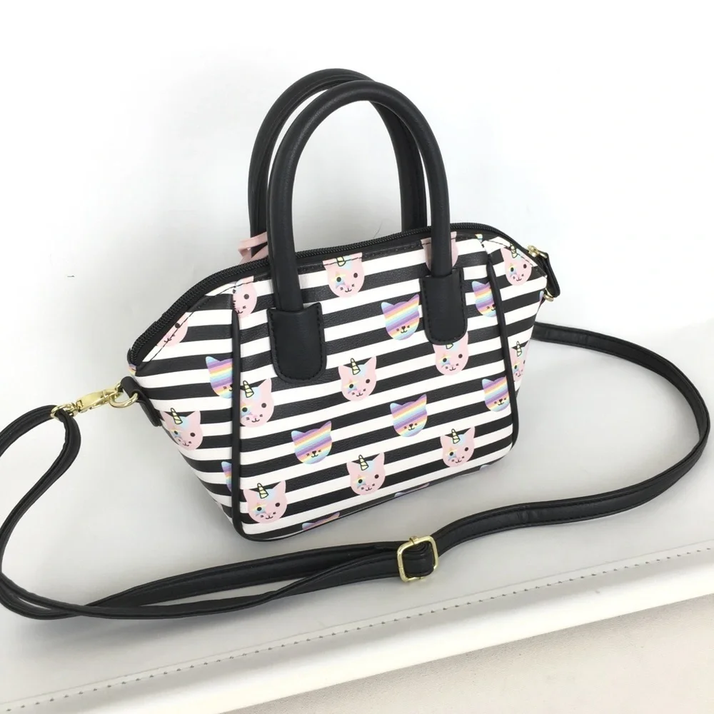 Luv Betsey Betsey Johnson Unicorn Cat Satchel Purse Bag Black White Stripe Small